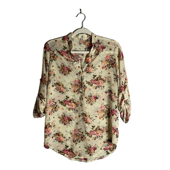 Ya Los Angeles Women's Floral 3/4 Rolled Up Sleeve Silk Top - Picture 1 of 8